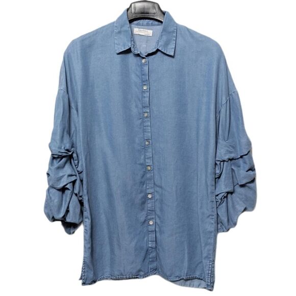 ZARA WOMAN Lyocell Chambray Ruffle Sleeve Top XS - Picture 3 of 8